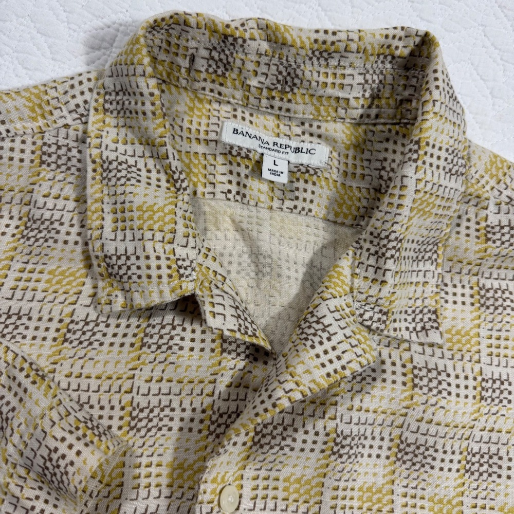 Banana Republic Shirt Mens L Yellow Geometric 100% Linen Short Sleeve Casual EUC